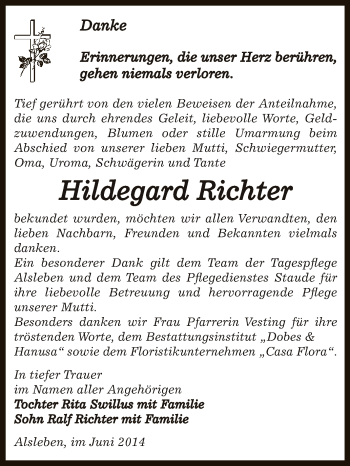 Traueranzeige von Hildegard Richter von Super Sonntag Bernburg