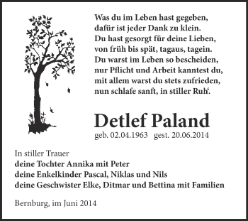 Traueranzeige von Detlef Paland von Super Sonntag Bernburg