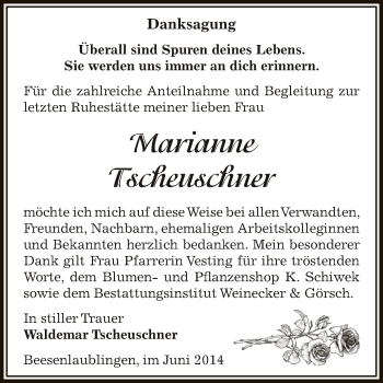 Traueranzeige von Marianne Tscheuschner von Super Sonntag Bernburg