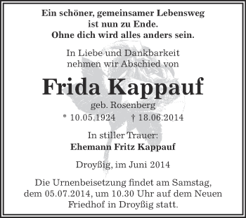 Traueranzeige von Frida Kappauf von Super Sonntag Zeitz