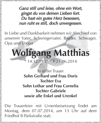 Traueranzeige von Wolfgang Matthias von Super Sonntag Bernburg
