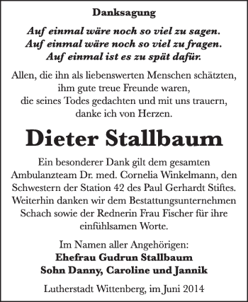 Traueranzeige von Dieter Stallbaum von Super Sonntag Wittenberg