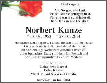 Traueranzeige von Norbert Kunze von WVG - Wochenspiegel NMB / WSF / ZTZ