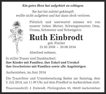 Traueranzeige von Ruth Einbrodt von WVG - Wochenspiegel Aschersleben