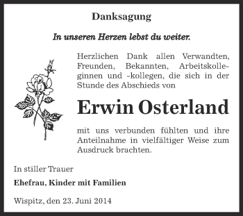 Traueranzeige von Erwin Osterland von Super Sonntag Bernburg