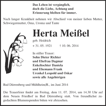 Traueranzeige von Herta Meißel von Super Sonntag Merseburg