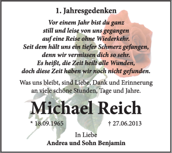 Traueranzeige von Michael Reich von Super Sonntag Dessau / Köthen