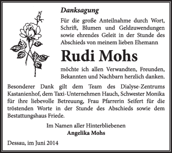 Traueranzeige von Rudi Mohs von Super Sonntag Dessau / Köthen