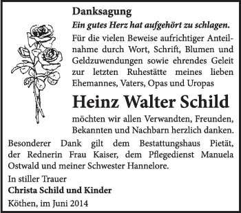 Traueranzeige von Heinz Walter Schild von Super Sonntag Dessau / Köthen