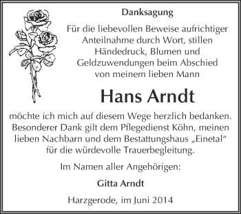 Traueranzeige von Hans Arndt von WVG - Wochenspiegel Quedlinburg