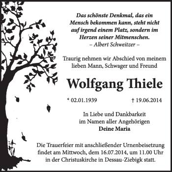 Traueranzeige von Wolfgang Thiele von Super Sonntag Dessau / Köthen