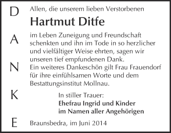 Traueranzeige von Hartmut Ditfe von WVG - Wochenspiegel Merseburg