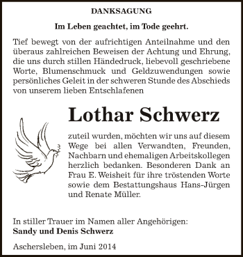 Traueranzeige von Lothar Schwerz von WVG - Wochenspiegel Aschersleben