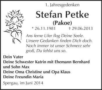 Traueranzeige von Stefan Petke von Super Sonntag Merseburg
