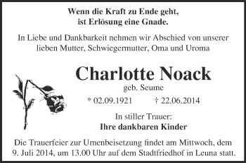 Traueranzeige von Charlotte Noack von WVG - Wochenspiegel Merseburg