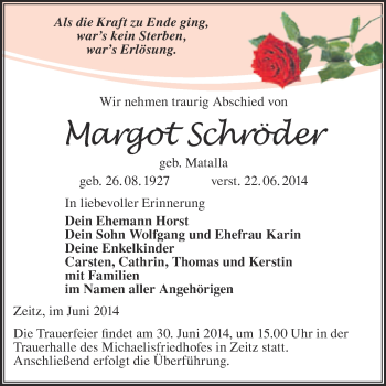 Traueranzeige von Margot Schröder von WVG - Wochenspiegel NMB / WSF / ZTZ