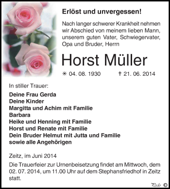 Traueranzeige von Horst Müller von Super Sonntag Zeitz