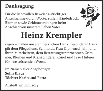 Traueranzeige von Heinz Krempler von Super Sonntag SGH Mansf. Land