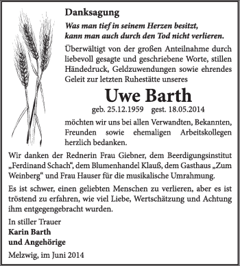 Traueranzeige von Uwe Barth von WVG - Wochenspiegel Wittenberg