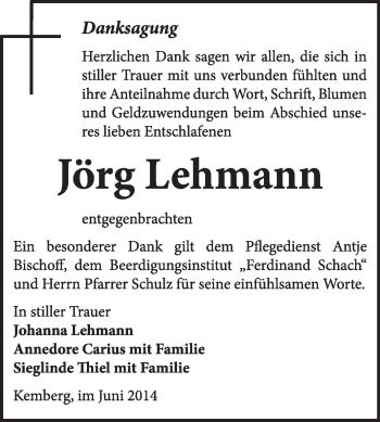 Traueranzeige von Jörg Lehmann von WVG - Wochenspiegel Wittenberg