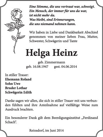 Traueranzeige von Helga Heinz von WVG - Wochenspiegel Wittenberg