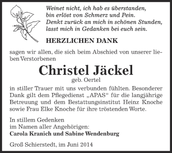 Traueranzeige von Christel Jäckel von Super Sonntag Aschersleben