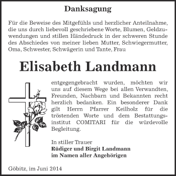Traueranzeige von Elisabeth Landmann von Super Sonntag Zeitz