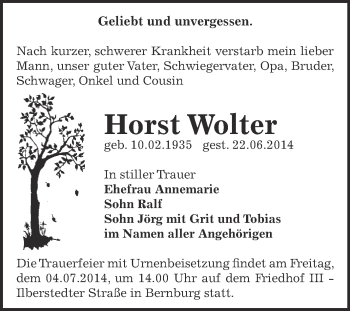 Traueranzeige von Horst Wolter von Super Sonntag Bernburg