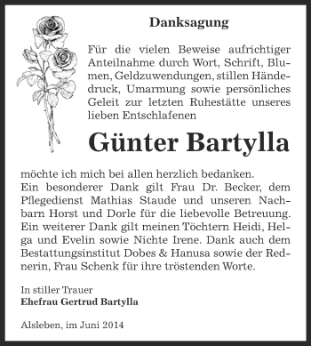 Traueranzeige von Günter Bartylla von Super Sonntag Bernburg