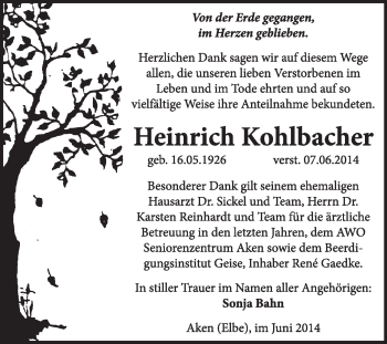 Traueranzeige von Heinrich Kohlbacher von Super Sonntag Dessau / Köthen