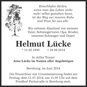 Traueranzeige von Helmut Lücke von Super Sonntag Bernburg