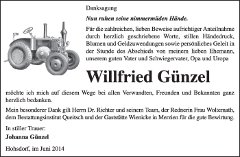 Traueranzeige von Willfried Günzel von Super Sonntag Dessau / Köthen