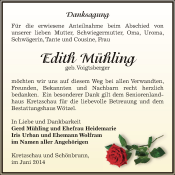 Traueranzeige von Edith Mühling von Super Sonntag Zeitz