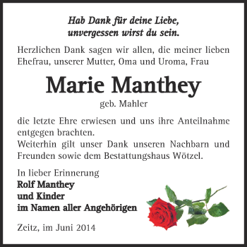 Traueranzeige von Marie Manthey von Super Sonntag Zeitz