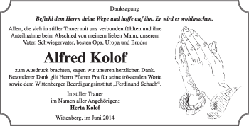 Traueranzeige von Alfred Kolof von WVG - Wochenspiegel Wittenberg