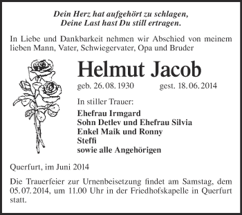 Traueranzeige von Helmut Jacob von WVG - Wochenspiegel Merseburg