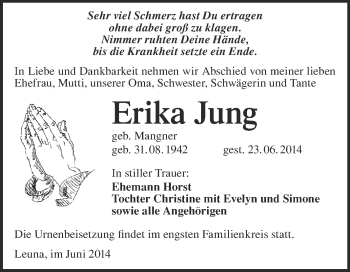 Traueranzeige von Erika Jung von Super Sonntag Merseburg