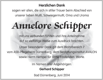 Traueranzeige von Annelore Schipper von Super Sonntag Merseburg