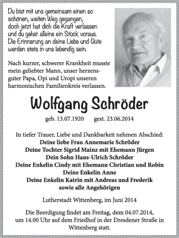 Traueranzeige von Wolfgang Schröder von Super Sonntag Wittenberg