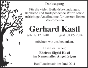 Traueranzeige von Gerhard Kastl von Super Sonntag Merseburg