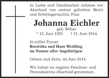 Traueranzeige von Johanna Eichler von Super Sonntag Zeitz