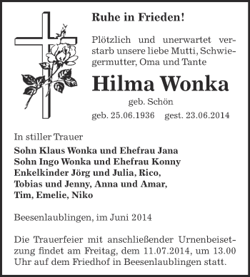 Traueranzeige von Hilma Wonka von Super Sonntag Bernburg