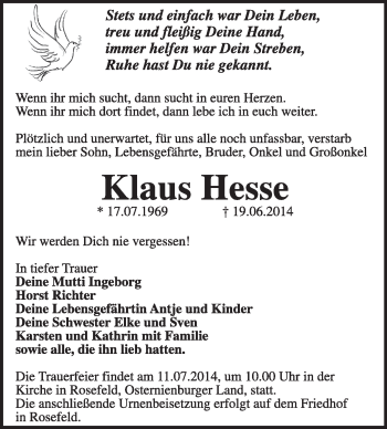 Traueranzeige von Klaus Hesse von Super Sonntag Dessau / Köthen