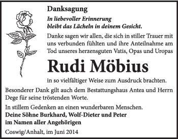 Traueranzeige von Rudi Möbius von Super Sonntag Wittenberg