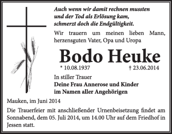 Traueranzeige von Bodo Heuke von WVG - Wochenspiegel Wittenberg