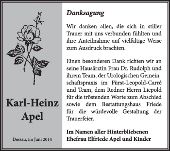Traueranzeige von Karl-Heinz Apel von Super Sonntag Dessau / Köthen