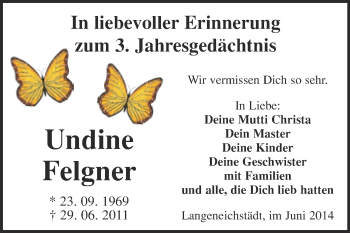 Traueranzeige von Undine Felgner von Super Sonntag Merseburg