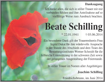 Traueranzeige von Beate Schilling von WVG - Wochenspiegel Quedlinburg