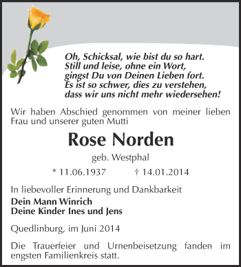 Traueranzeige von Rose Norden von WVG - Wochenspiegel Quedlinburg
