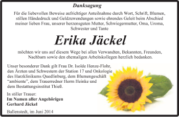Traueranzeige von Erika Jäckel von Super Sonntag Quedlinburg